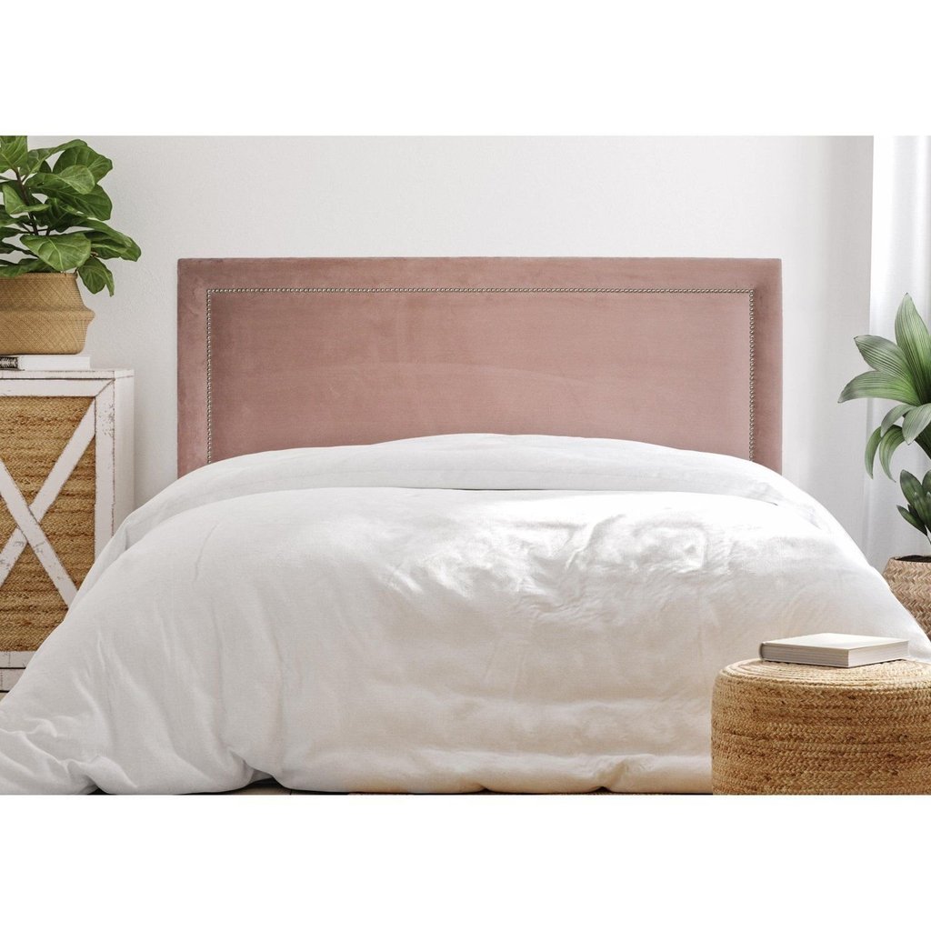 Cabeceira Casal Estofada para Cama Box Reta Luxo com Tachas 140x60cm Rosa Rosê/Prata