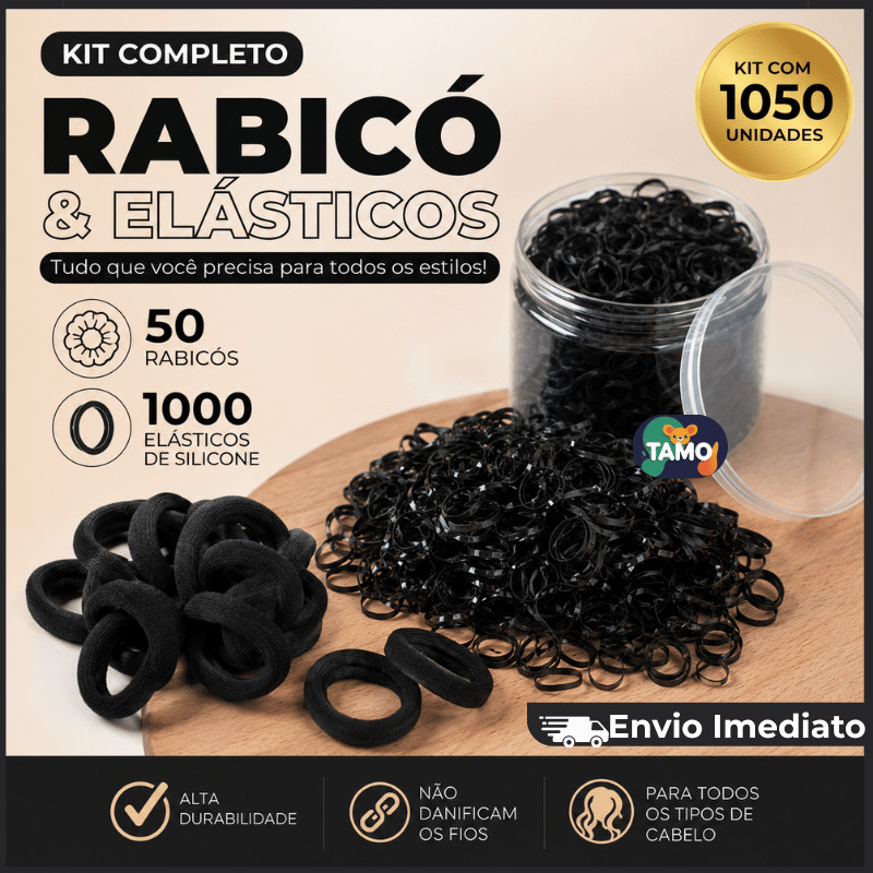 Combo Rabicó Preto 50 Unidades + 1000 Elásticos Silicone Preto Para Cabelo
