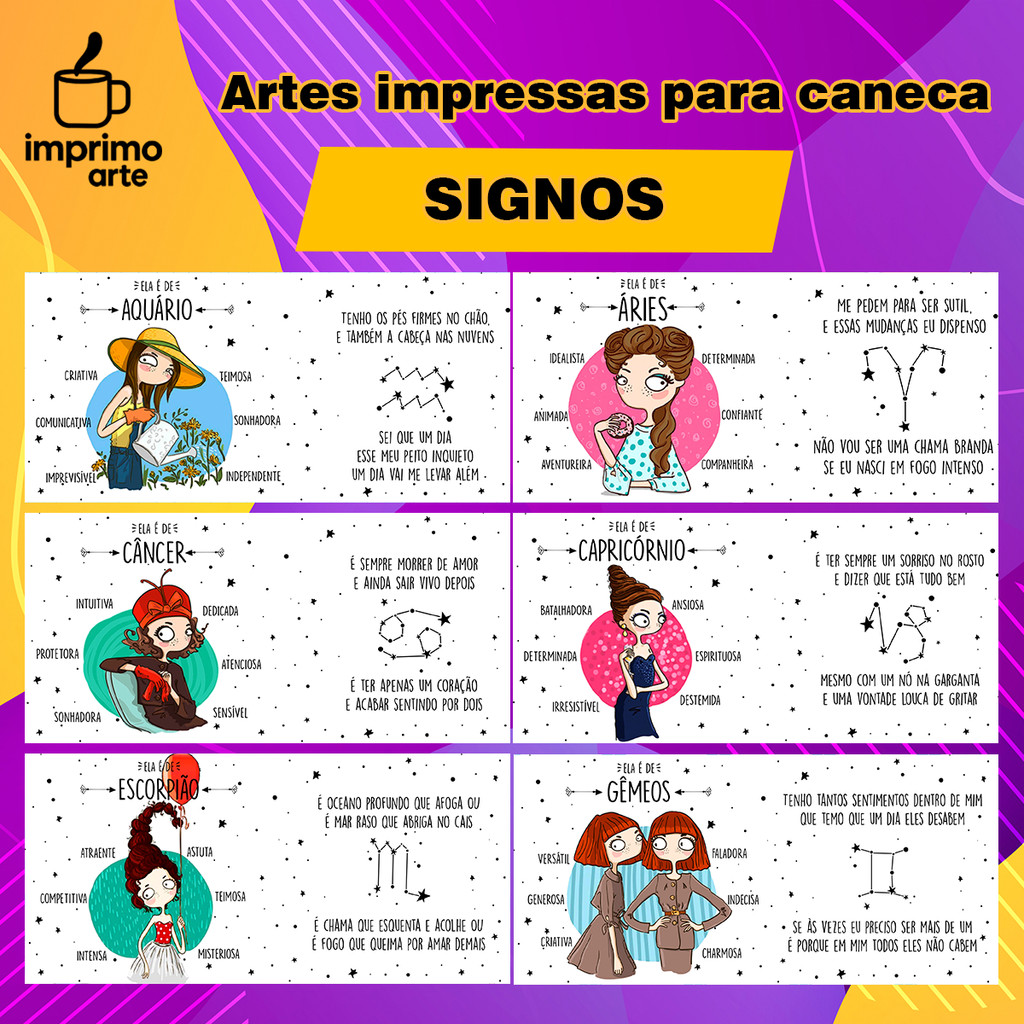 12 Artes Impressas para Canecas Signos Estampas Prontas para Sublimar Xícara Copo Personalizado Sublimação Zodiaco