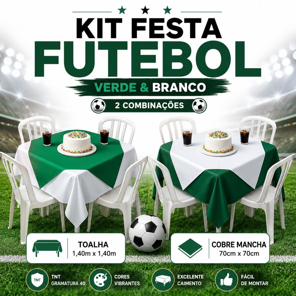 Kit 10 Toalhas de Mesa Palmeiras Verdão Alviverde TNT 1.40x1.40m + Cobre Manchas 70x70cm