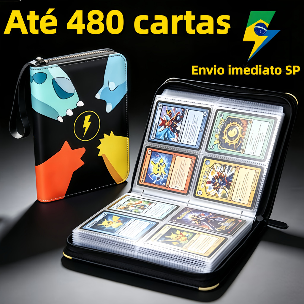 Álbum Pokémon TCG Oficial 480 Cartas Fichário Zíper Organizador Porta Cartas Proteção Cartas Coleção