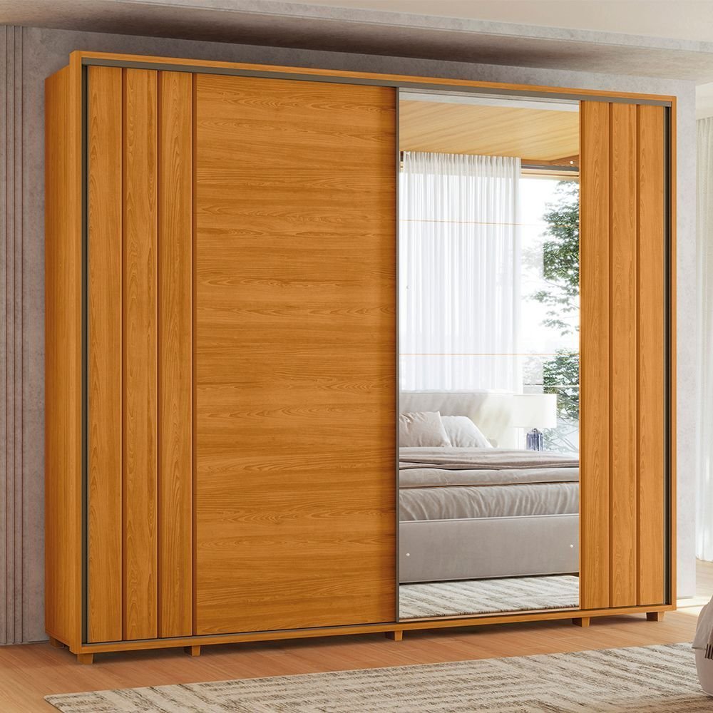 Guarda Roupa Casal 2 Portas de Correr 100% MDF com Espelho e Pés Dali Yescasa Marrom/Cinamomo Cinamomo