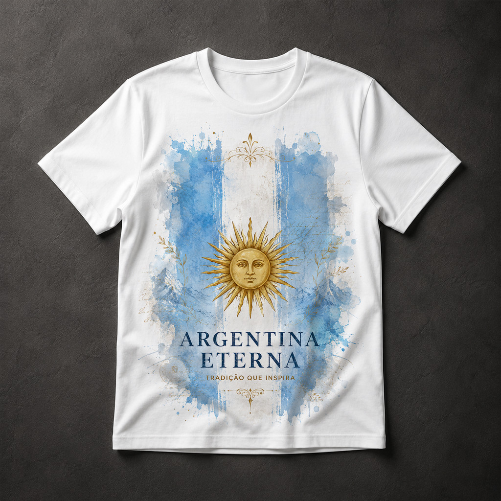 Camiseta Argentina Eterna Sol de Maio Bandeira Aquarela Masculina Algodão Premium