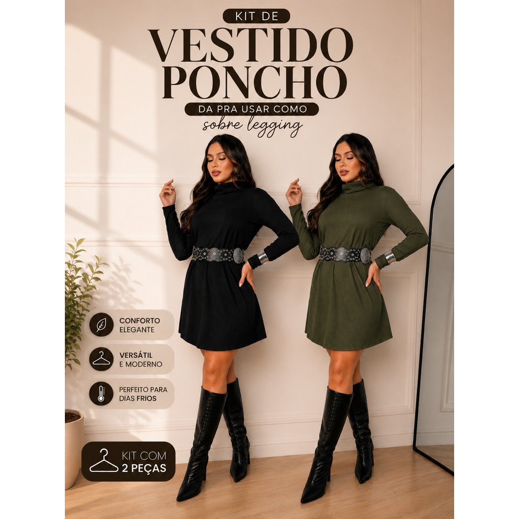 Kit 2 Blusão Vestido Poncho Feminino Lanzinha Cacharrel Gola Alta Manga Longa Inverno