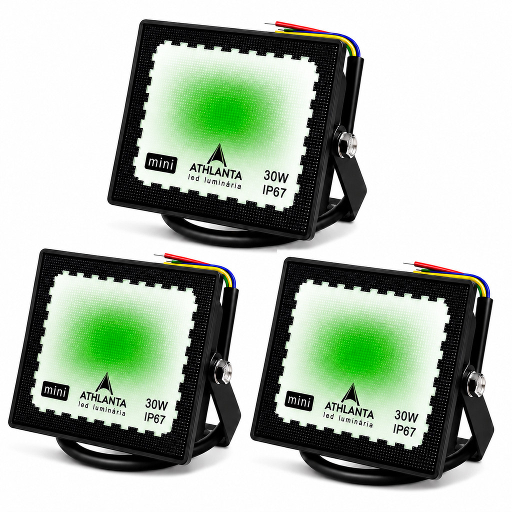 Kit 3 Refletores LED Verde 30W IP67 Athlanta Bivolt Prova D'Água