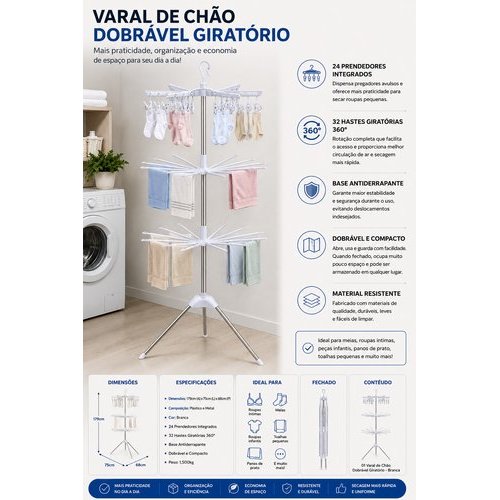 Varal Portatil Dobravel Giratorio Branco Economico Compacto Pratico Secagem Roup