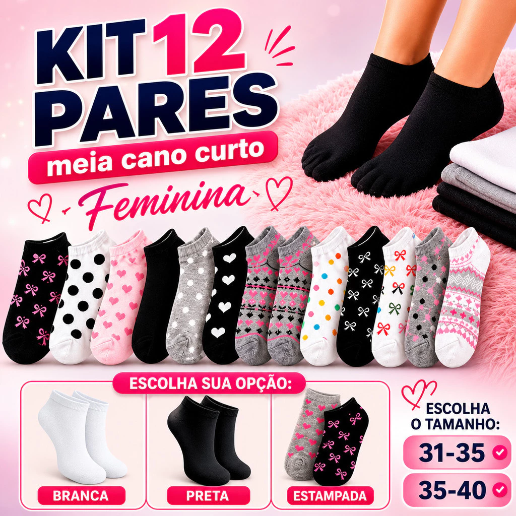 Kit Meia Feminina Cano Curto Soquete Sapatilha Casual Macia 12 pares