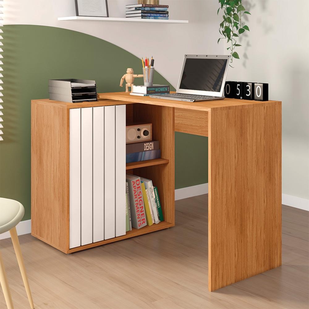 Mesa para Computador Amel Home 140cm Porta Ripada de Correr MDP Freijo/OffWhite G11 - Gran Belo