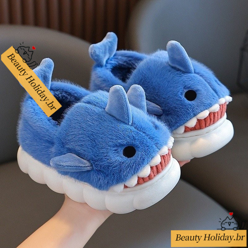 Chinelos de Inverno Quentes Antiderrapantes para Meninos e Meninas Confortáveis, Chinelos de Tubarão de Desenho Animado