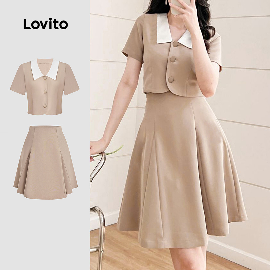 Lovito Conjuntos de Saia Elegantes com Blocos de Cores  Botões  Primavera/verão  Top cáqui L142ED387 em Oferta na Shopee