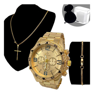 Relógio Masculino Original Aço Inox a Prova D'água Dourado + Corrente Cruz + Pulseira OuroNEWBASICSBRc em Oferta na Shopee