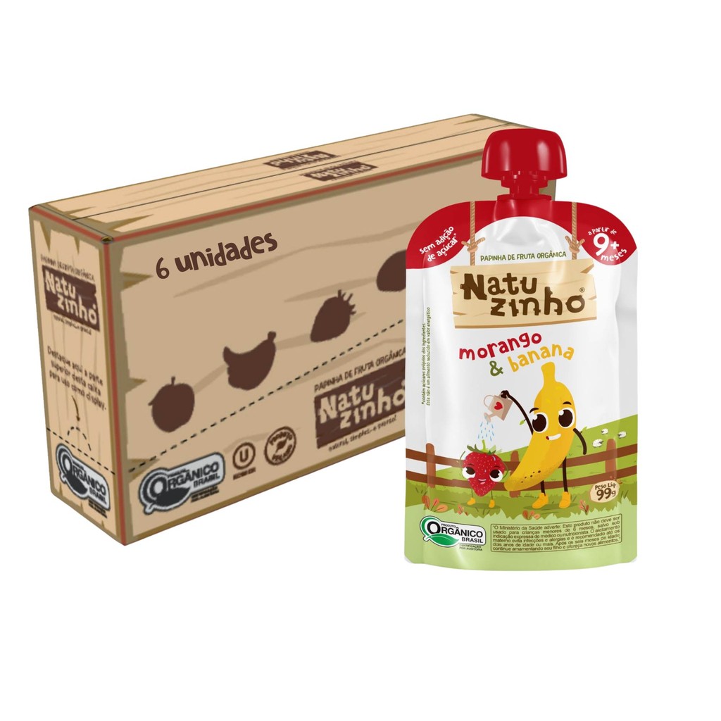 Kit Papinha Organica Natuzinho Morango Banana Bebe 6 unid