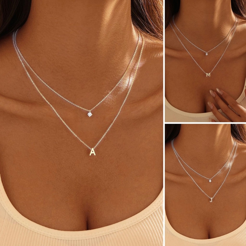 Colar duplo estiloso feminino com pingente de letra A a Z e pingente redondo de zircônia