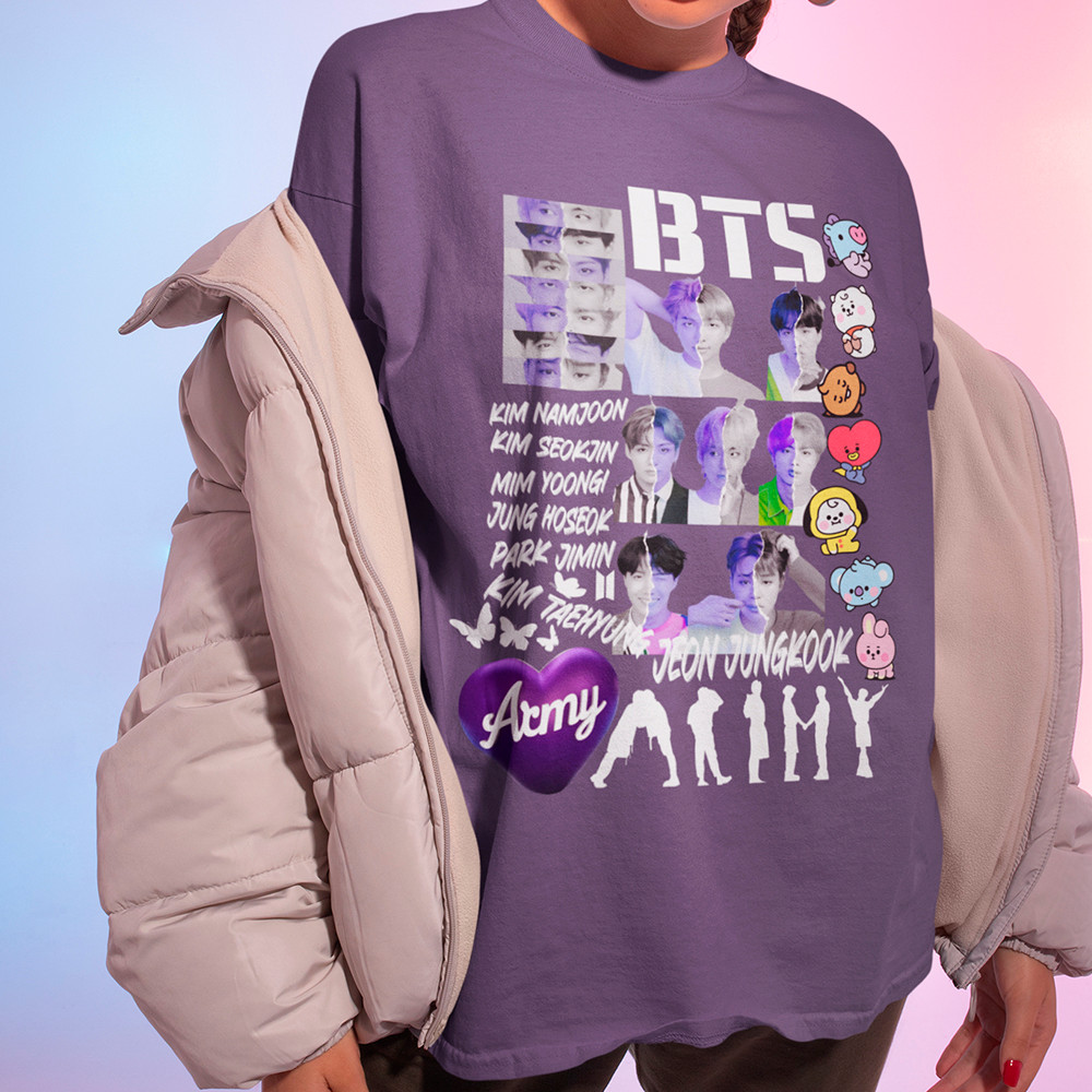 Camiseta Feminina BTS Army Todos Cantores Personagens BT21 Camisa Kpop BTS Blusa Algodão