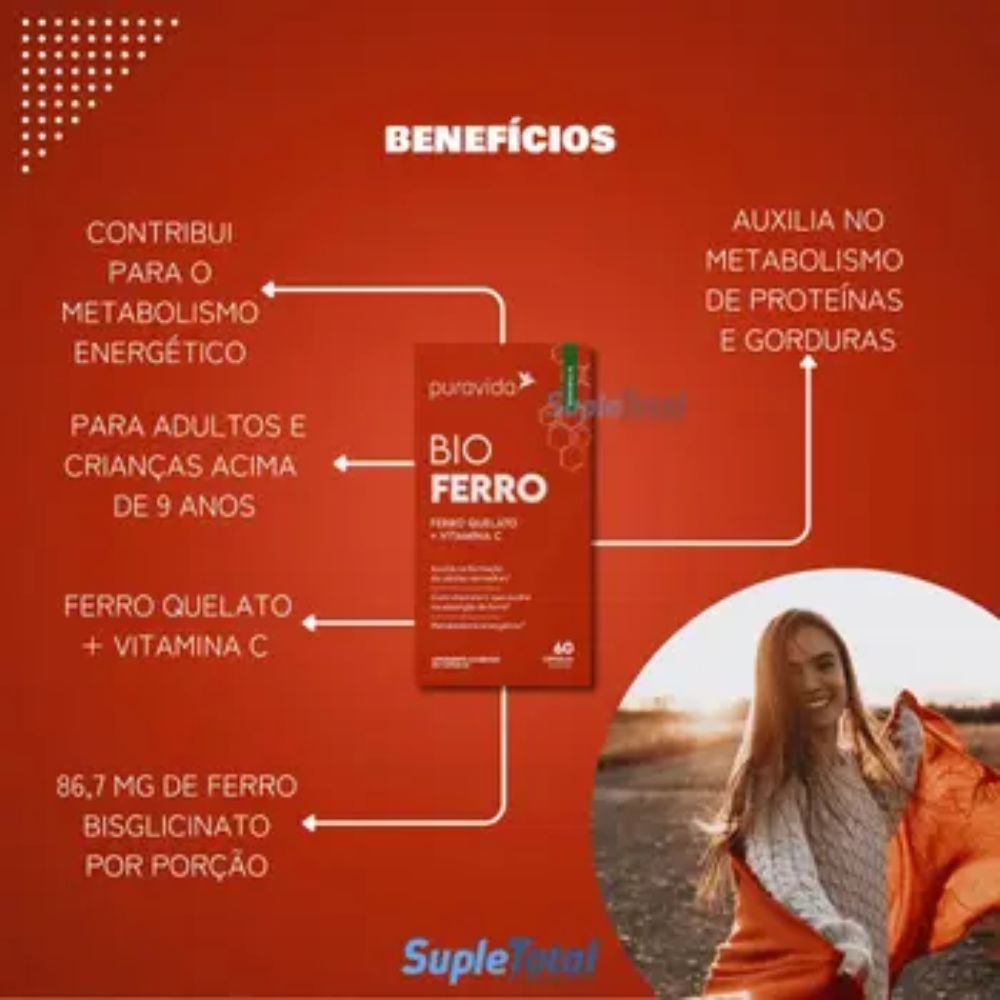 Detalhes do Bio Ferro Puravida Ferro Quelato + Vitamina C Com 60 Capsulas Softgel