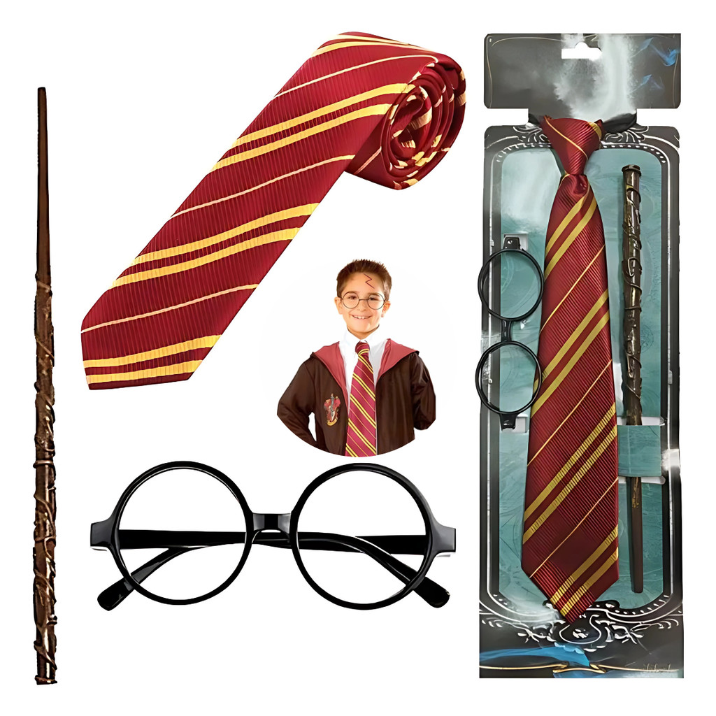 Fantasia Cosplay Harry Potter Kit Óculos Gravata E Varinha