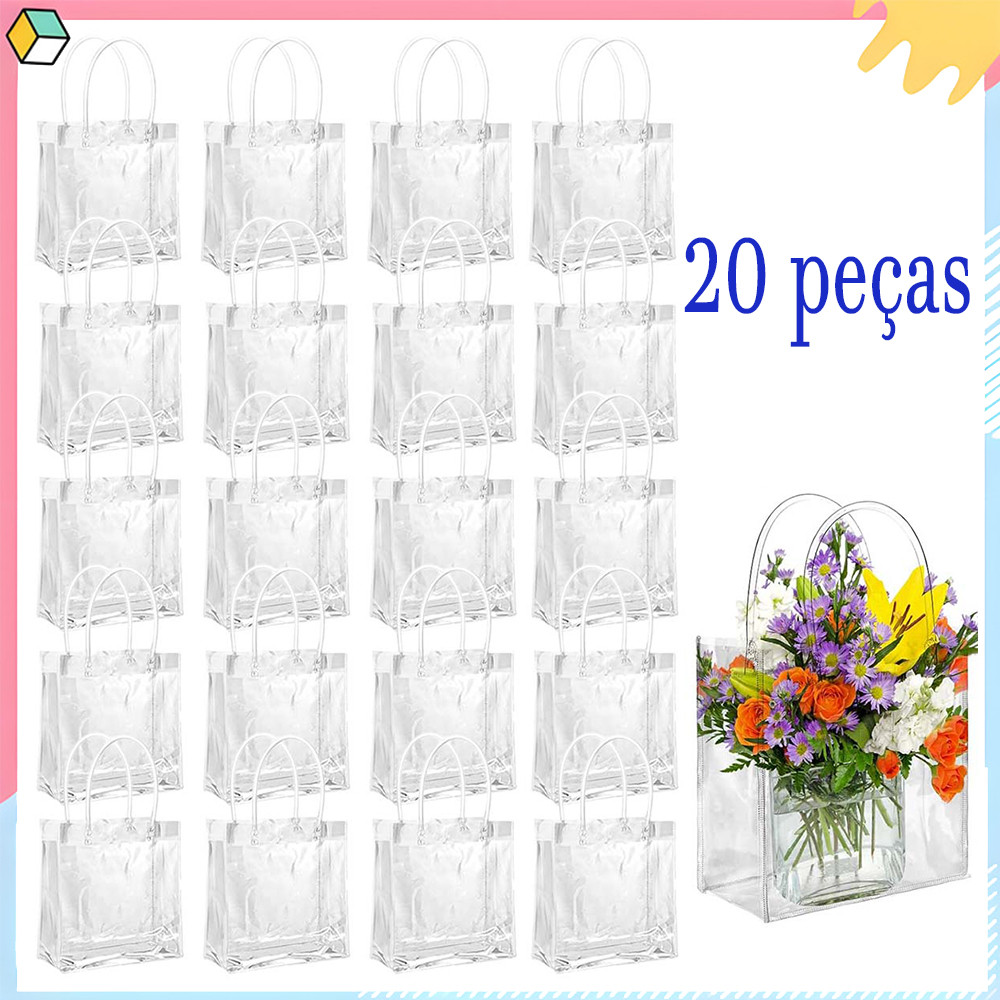 20 peças de sacos de presente de plástico transparente com alças PVC reutilizáveis, 16x15x7 cm para festa de aniversário em Oferta na Shopee