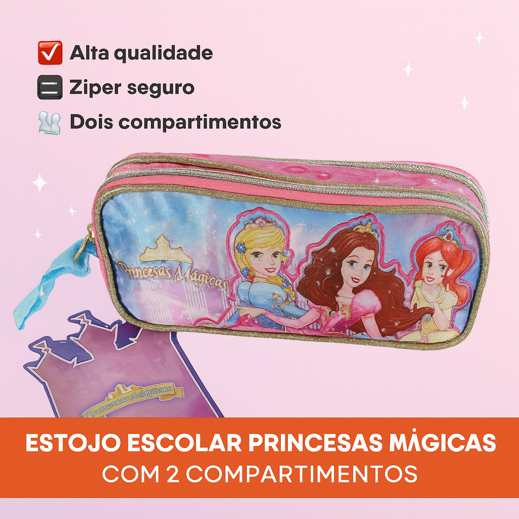 Estojo Escolar Princesas Mágicas com 2 Compartimentos Zíper Brilhante Lápis Canetinha Menina
