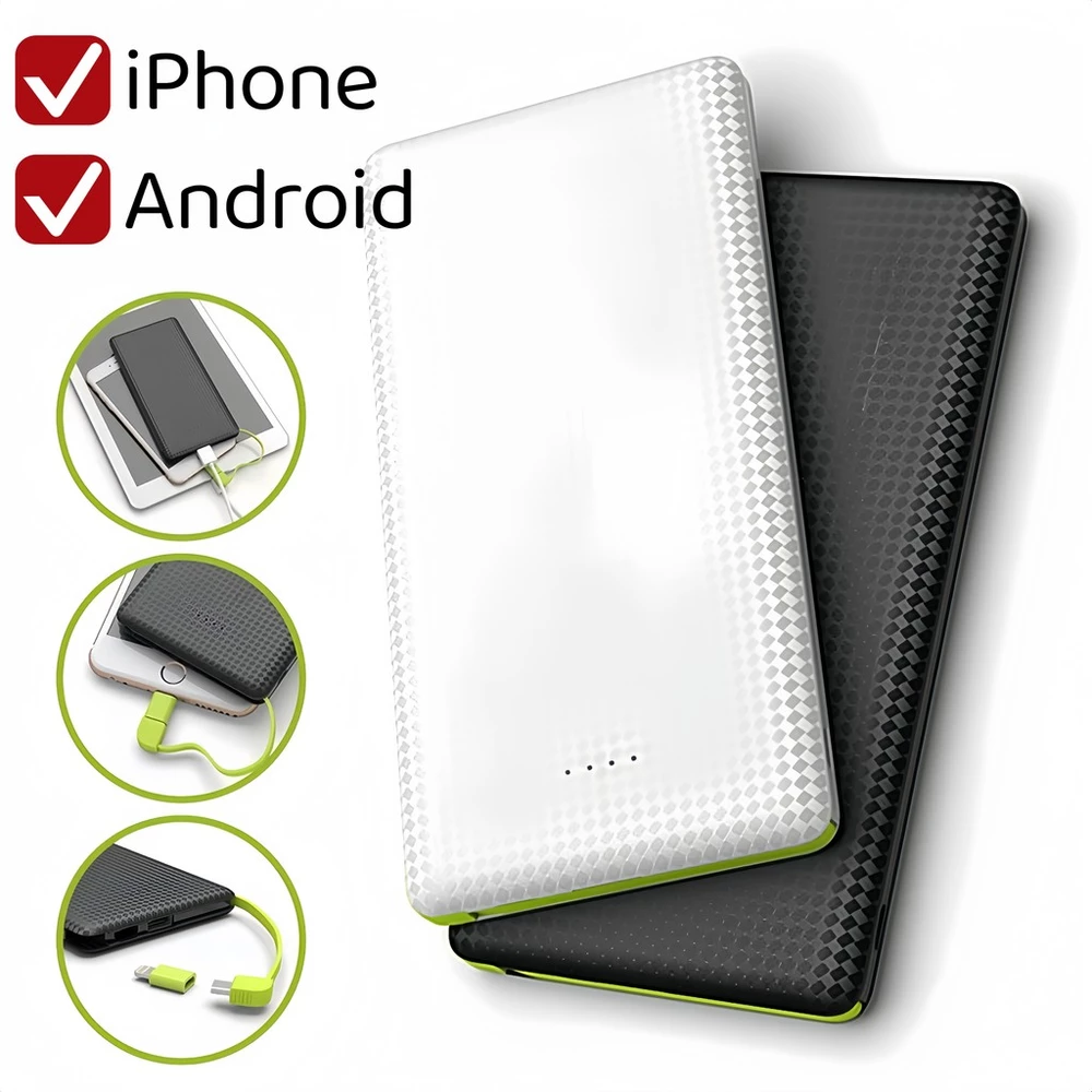 Carregador portátil Power Bank 10.000mAh, com adaptador, adequado para iPhone e Android(Cabo V8)