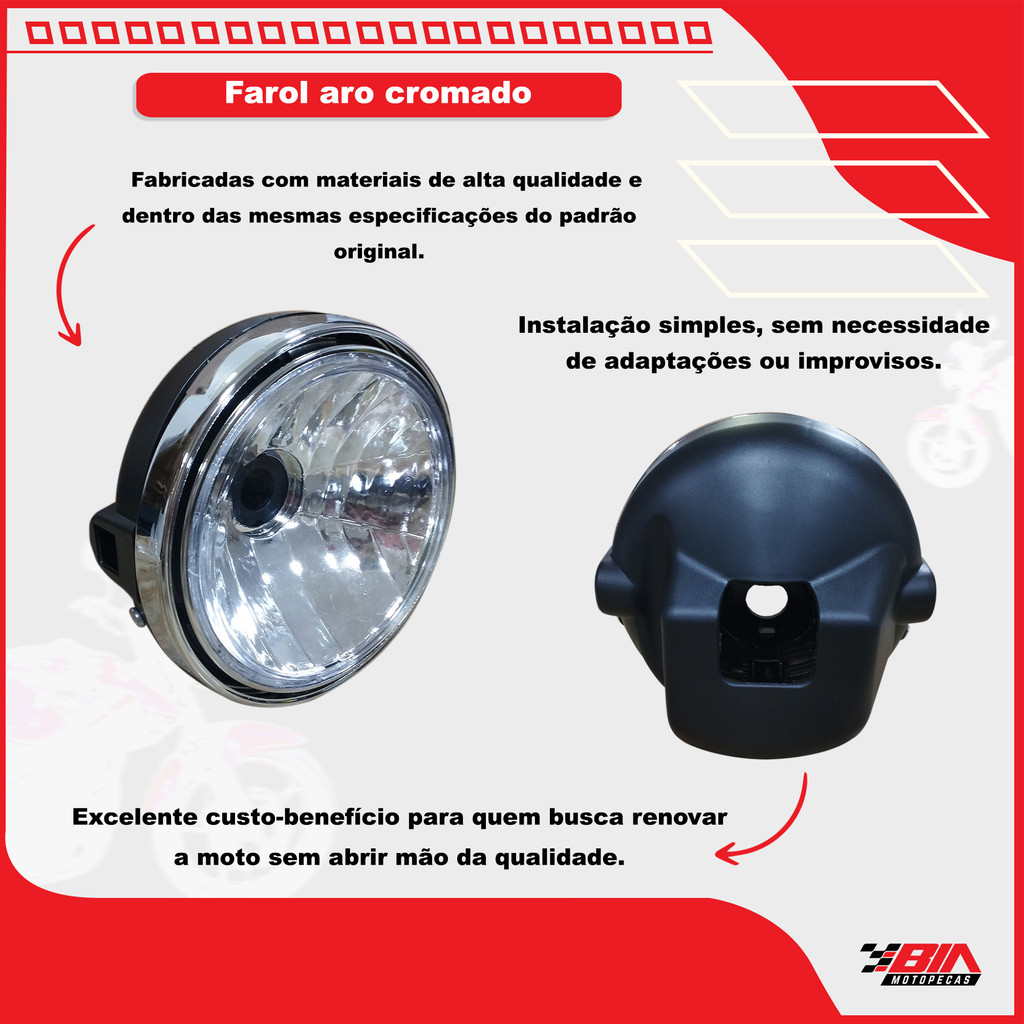 Kit Farol Aro Cromado e Carcaças Superior Interna Branca Inferior Painel Yamaha Ybr 125 2006 2007 2008 — imagem 2 de 2