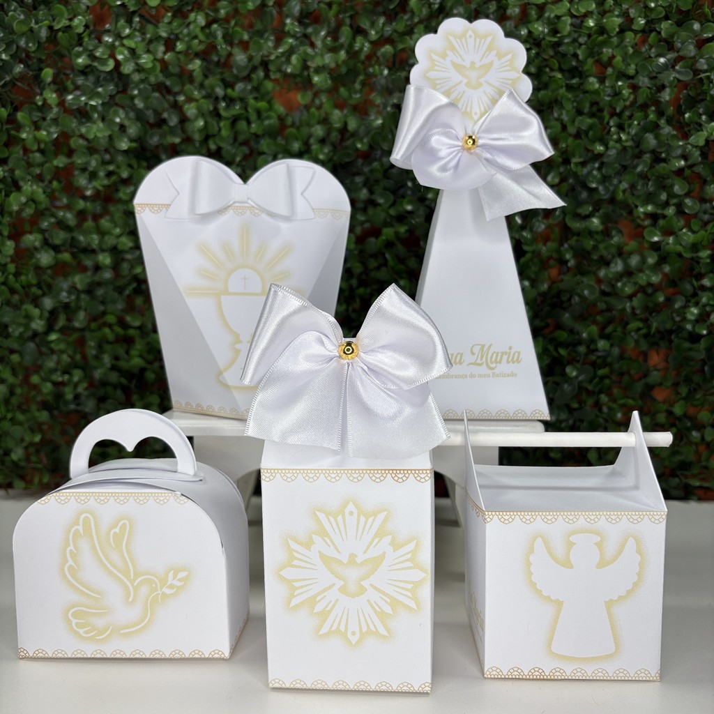 Kit Festa  Batizado Branco e Dourado Clean Lembrancinha  Caixinha Milk Personalizada