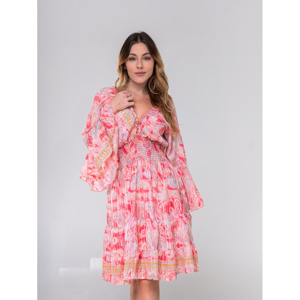 Vestido Indiano Boho Manga Flare e Decote em V M59
