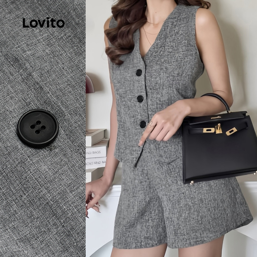 Lovito Conjuntos de Shorts Elegantes com Pregas e Zíper para Primavera/verão Shorts Cinza para Mulheres L138ED211 em Oferta na Shopee