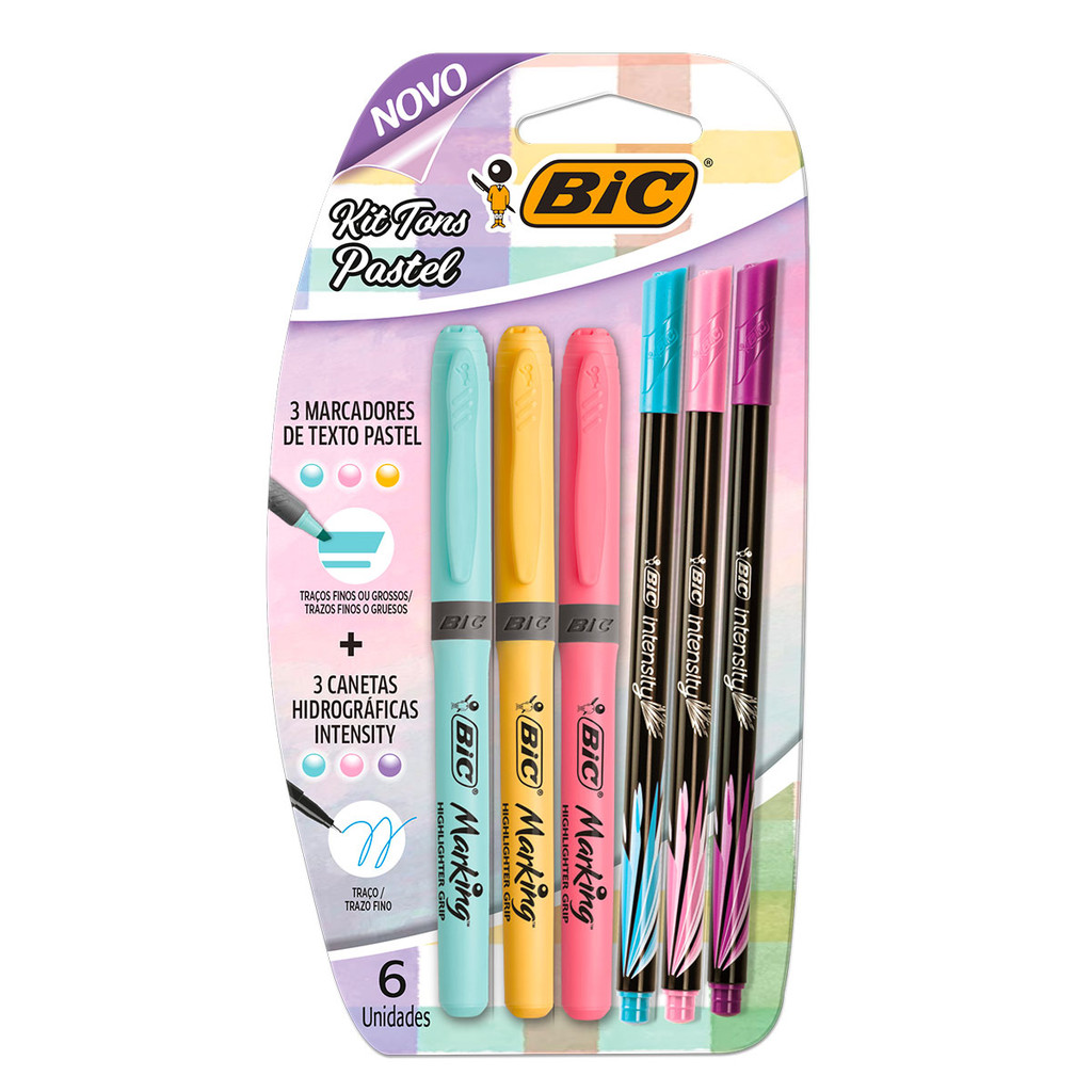 Kit Tons Pastel marca texto com 3 unidades + 3 canetas Intensity 0.4 Bic