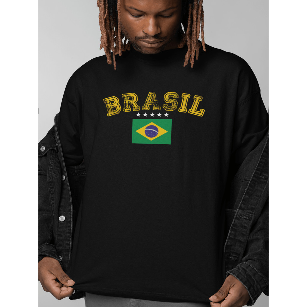 Camiseta Oversized BRASIL Gola Alta Streetwear 100% Algodão Estilo Urbano Treino Estampa BRAZIL Futebol Copa do Mundo