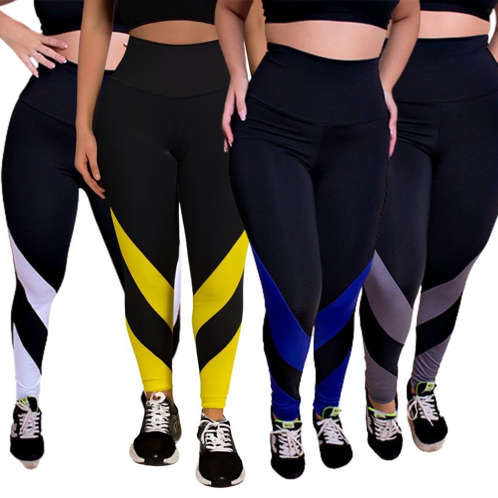 Kit 4 Calça Feminina Cós Alto Bicolor Compressão Legging Fitness Conforto Sem Transparência Academia