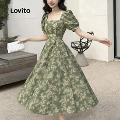 Lovito Vestido Casual com Zíper para Primavera/verão Verde para Mulheres L161LD013