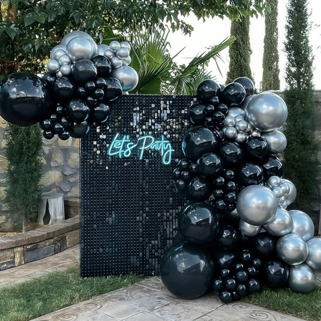 Kit Festa 130 Balões Preto Prata Metalizado Decoração Bexiga Arco Desconstruído + Fita