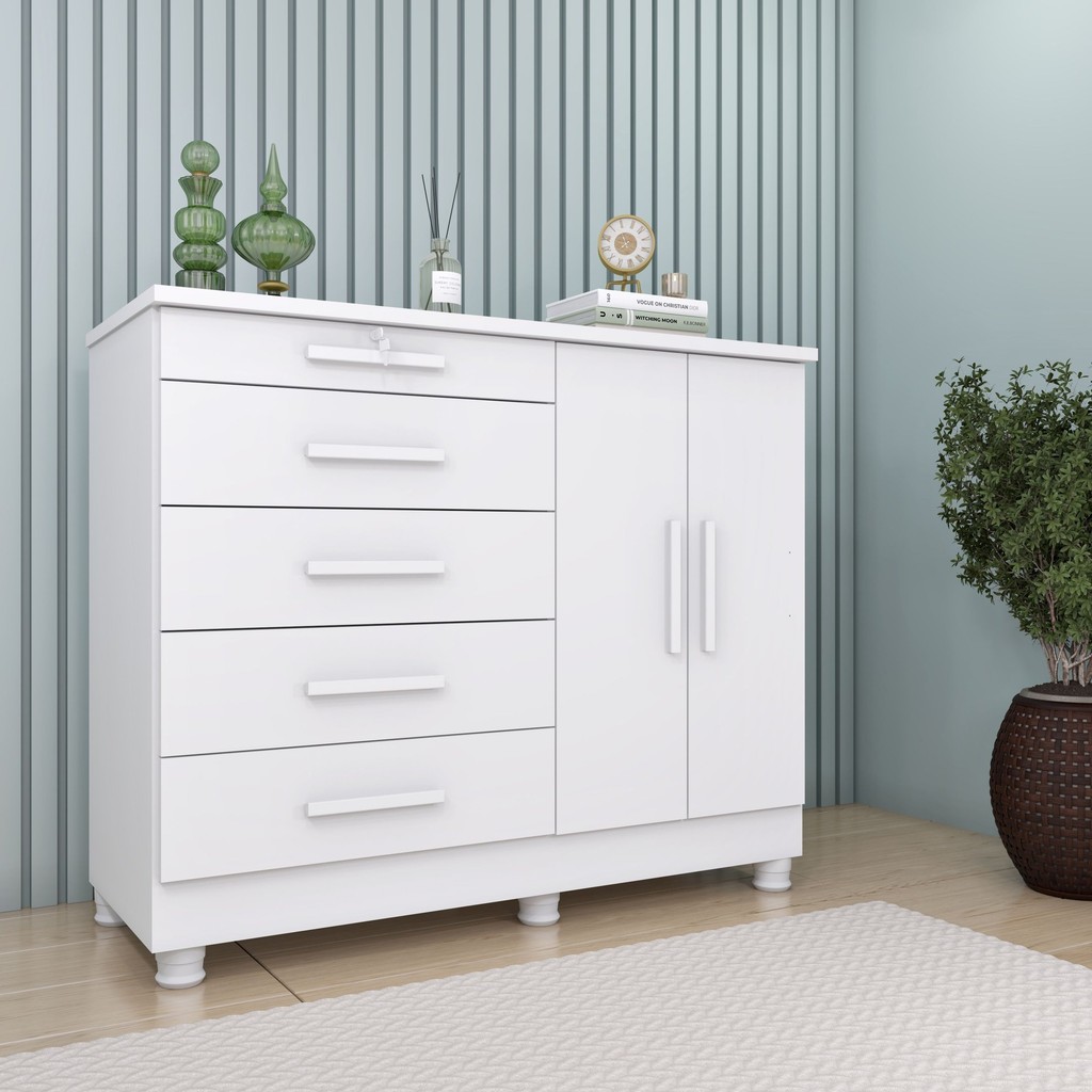 Cômoda 5 Gavetas 2 Portas com pés 136cm Istambul Neve em Oferta na Shopee