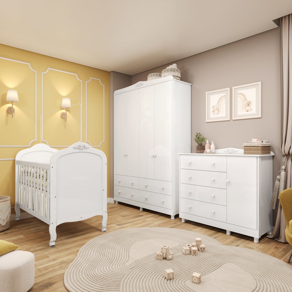 Quarto de Bebê Berço Guarda Roupa e Cômoda Maya Clássico Espresso Móveis Branco/Brilho