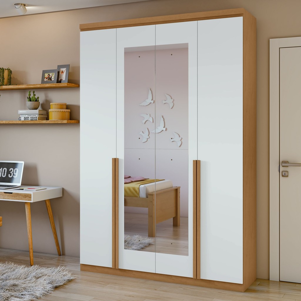 Guarda Roupa Solteiro com Espelho 4 Portas 2 Gavetas Alonzo 100% MDF Amêndoa Clean/Branco em Oferta na Shopee