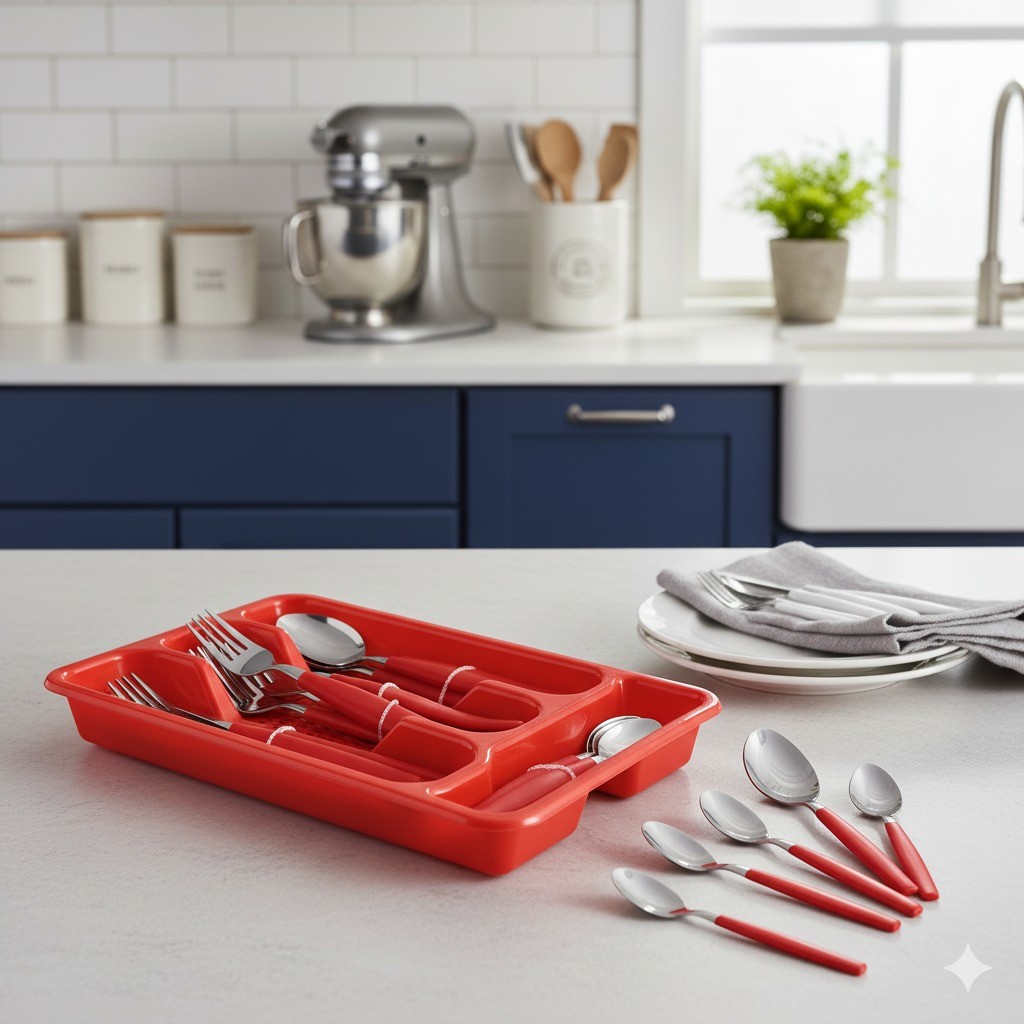 Jogo Talheres Inox 25 Peças Porta Talheres Organizador Vermelho Mesa Completa