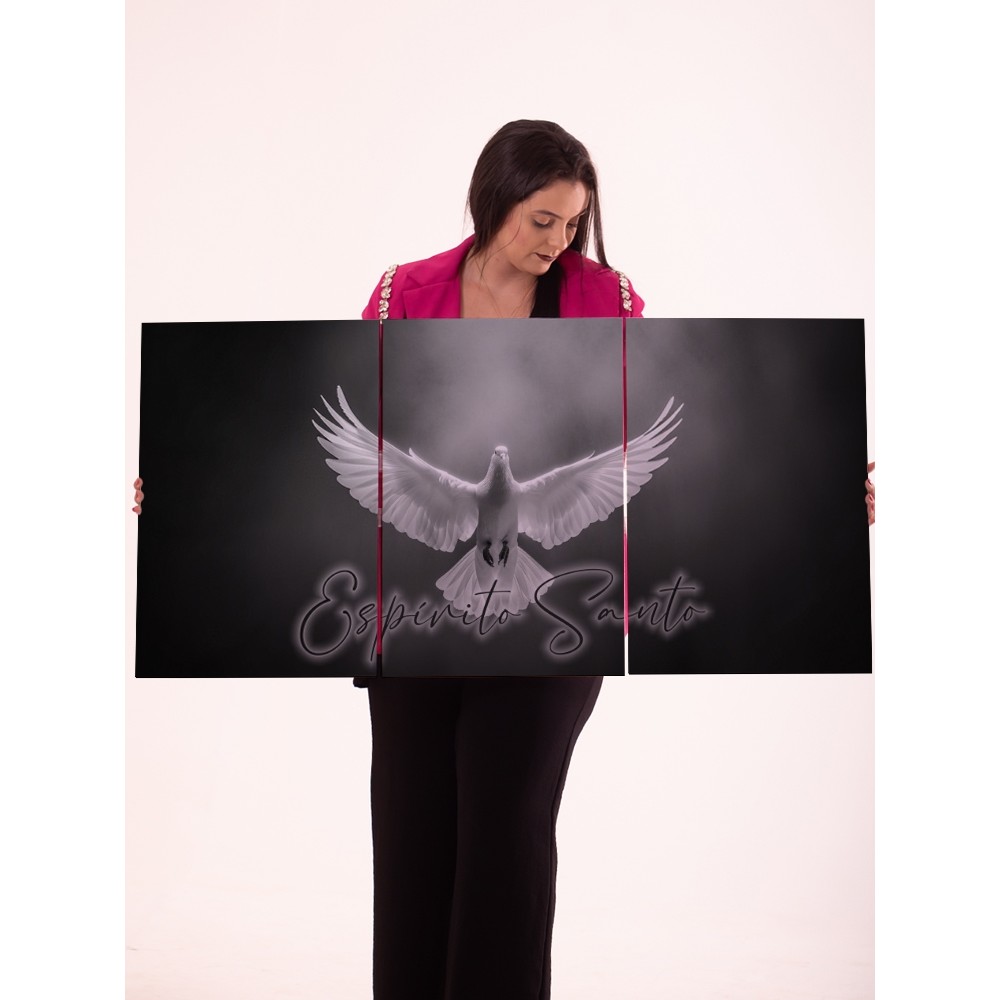 Quadro Decorativo Espírito Santo 3 Peças Pomba Branca da Paz em Painel Moderno para Sala e Igreja