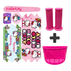 Kit Infantil Bike Cesta Rosa + Adesivo + Manopla Hello Kit P/ Menina Bicicleta aro 16/20
