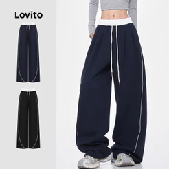 (Lovito x Glenda) Casual Calça De Verão/Primavera Com Costura Em Tecido Liso E Cordão Para Mulheres L110AD1475