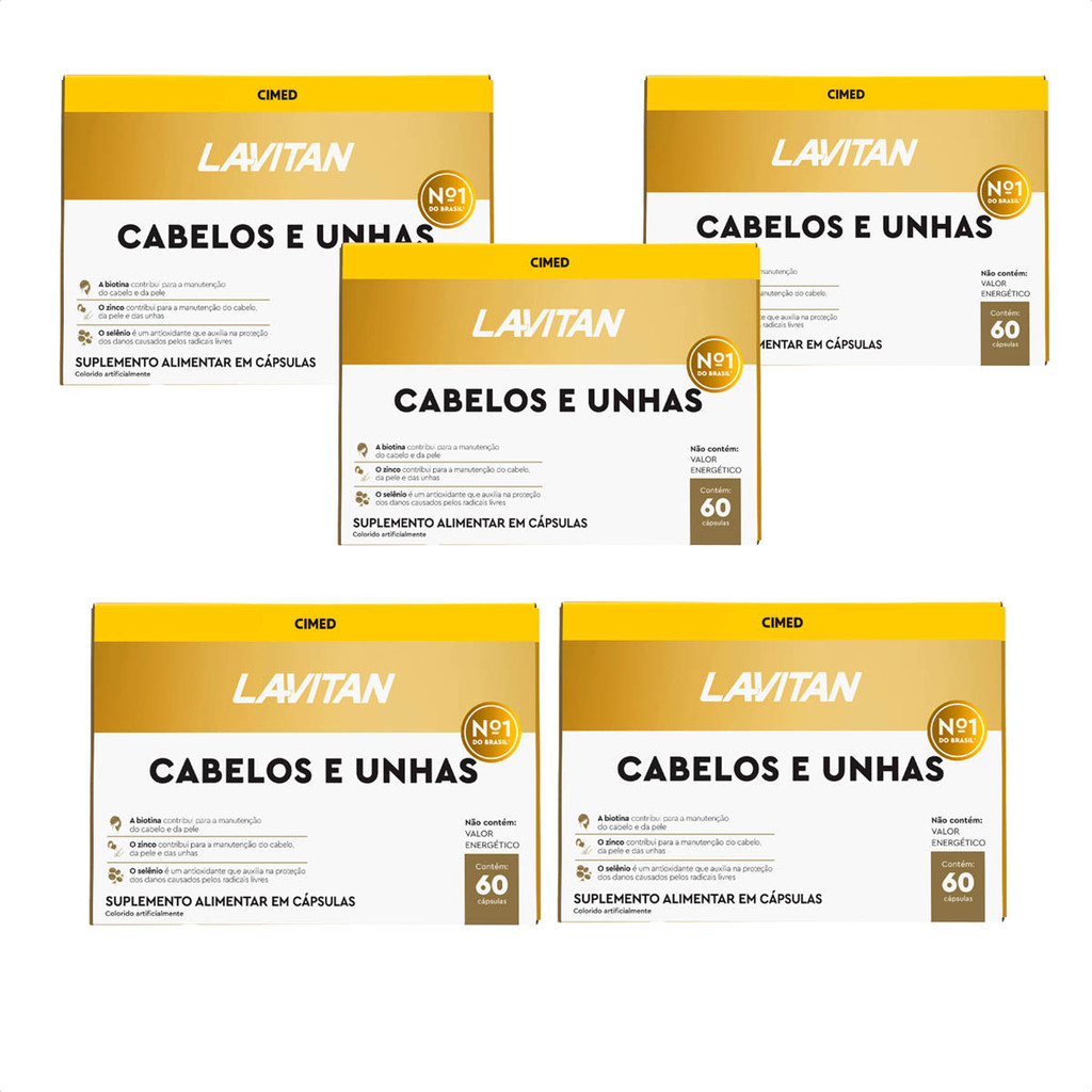Kit 5 Suplemento Alimentar Lavitan Cabelos e Unhas Mulher - 60 Cápsulas