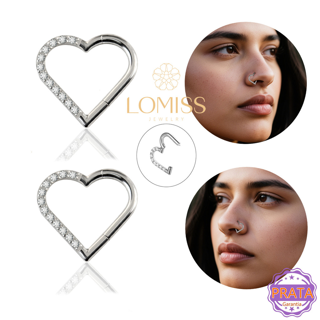 Piercing Septo Nariz Orelha Prata 925 Coração Zircônia Cravejado Articulado Segmento Boca Nostril Conch DIR/ESQ