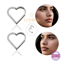 Piercing Septo Nariz Orelha Prata 925 Coração Zircônia Cravejado Articulado Segmento Boca Nostril Conch DIR/ESQ