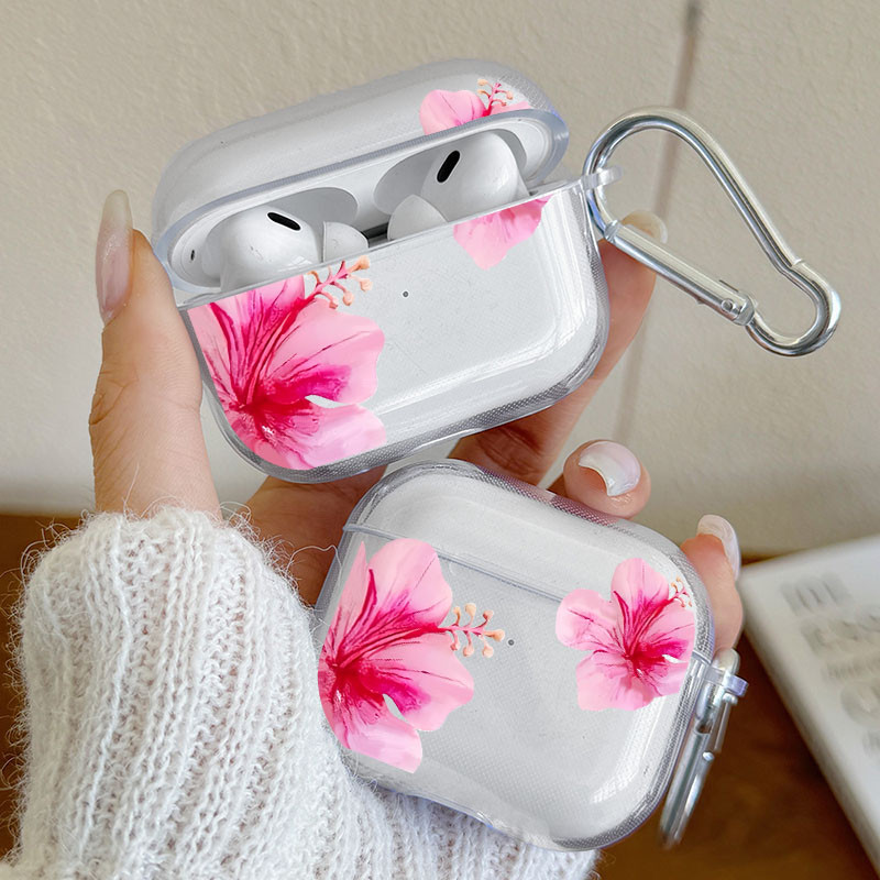 Capa Transparente Para AirPods 4 3 2/1 Rosa Hibisco Flor Fone De Ouvido Caso Com Krychain Airpod Pro2/Pro3/Pro Macia