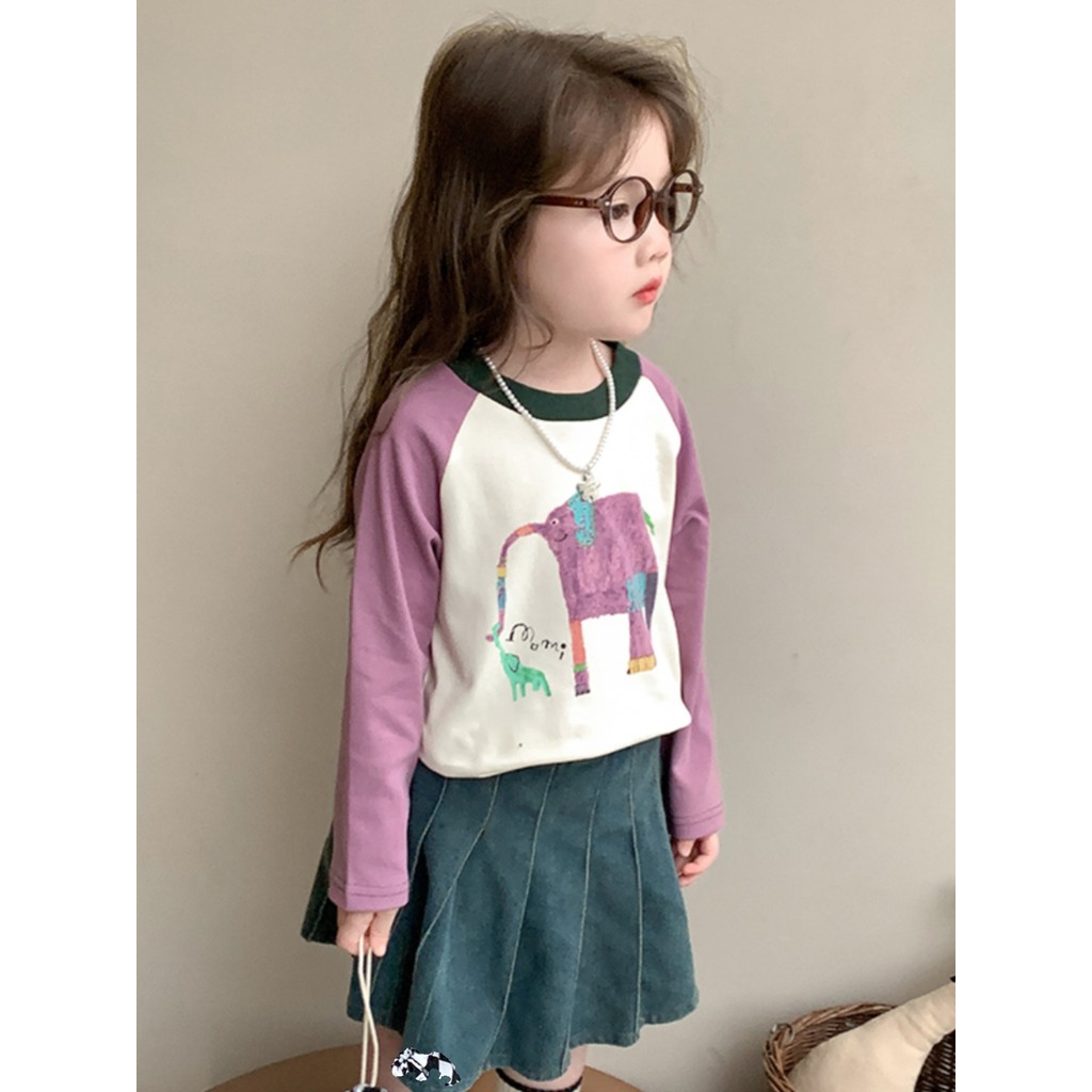 Estilo coreano Wear ~ elefante camiseta meninas topos 2026 primavera novo estilo crianças bebê Casual camisa de fundo pu