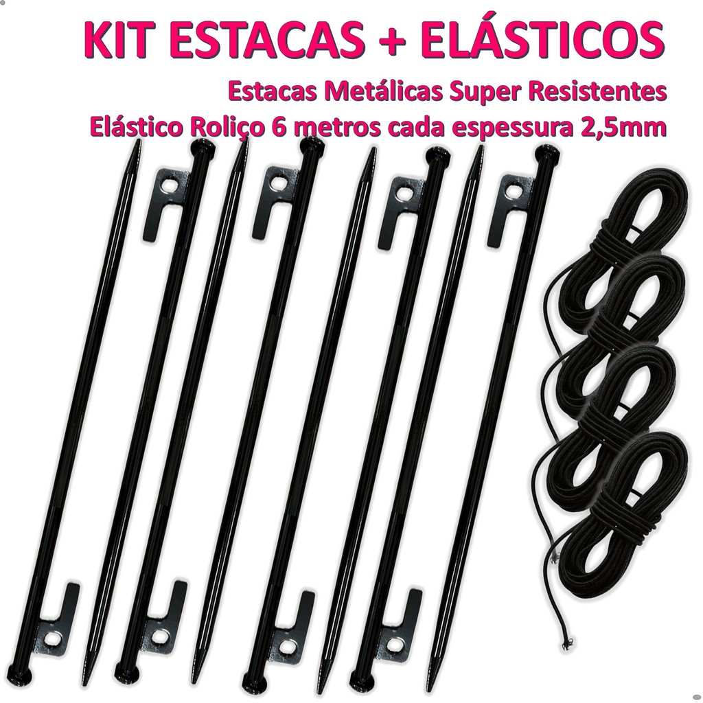 KIT 8 Estacas + 4 Elásticos para Varetas Kit Reparo Manutenção Fixação Barraca Tenda Camping Prático