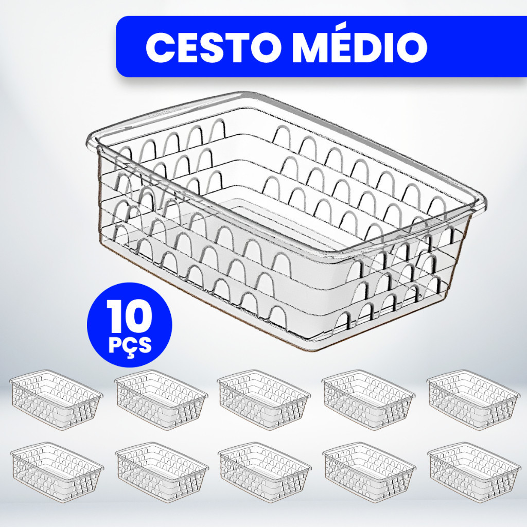 Kit com 10 Cestos Organizadores Multiuso 20x15,5x6,5 Médio Transparente