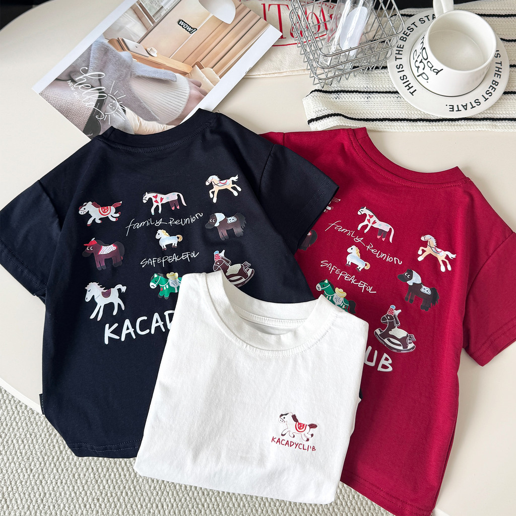 Meninos camiseta de manga curta 2026 verão novo estilo dos desenhos animados pônei impressão em torno do pescoço camisa 