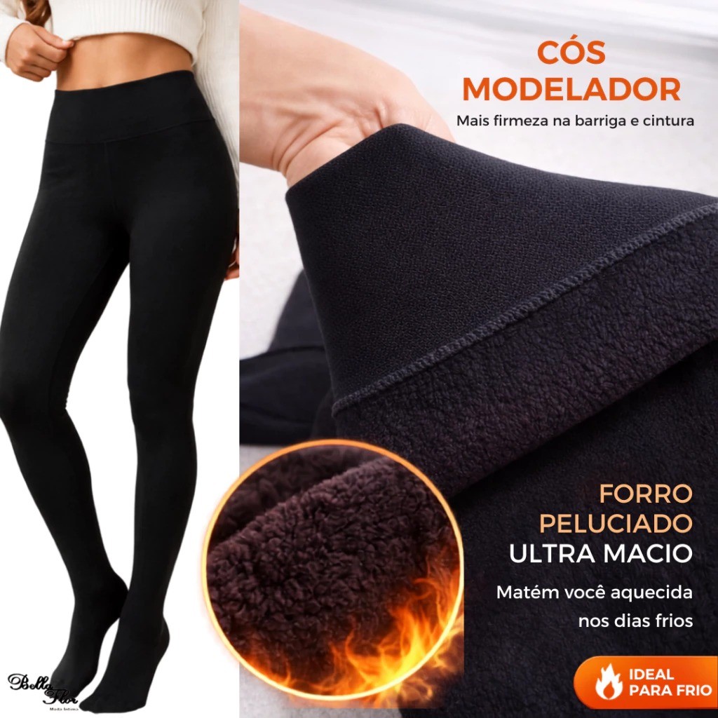Meia Calça Com Forro De Pelúcia Preto Térmica Pelúcida Com Pé