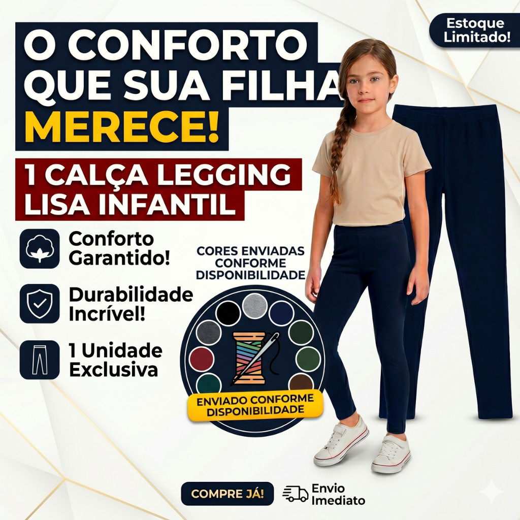 Calça Legging Infantil Menina Algodão Confortável Cotton Lisa Básica do Dia a Dia