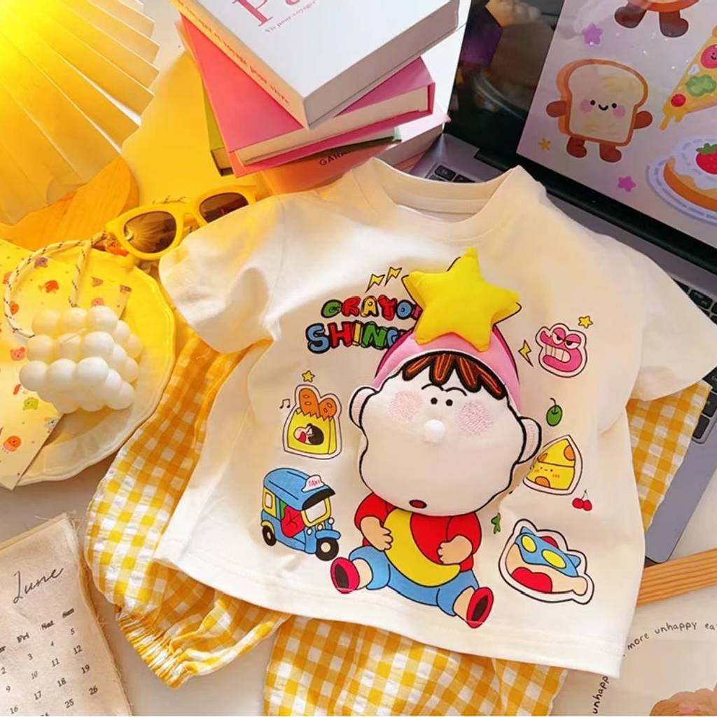 Crianças verão puro algodão de manga curta meninos meninas dos desenhos animados pitada música versão coreana camiseta i